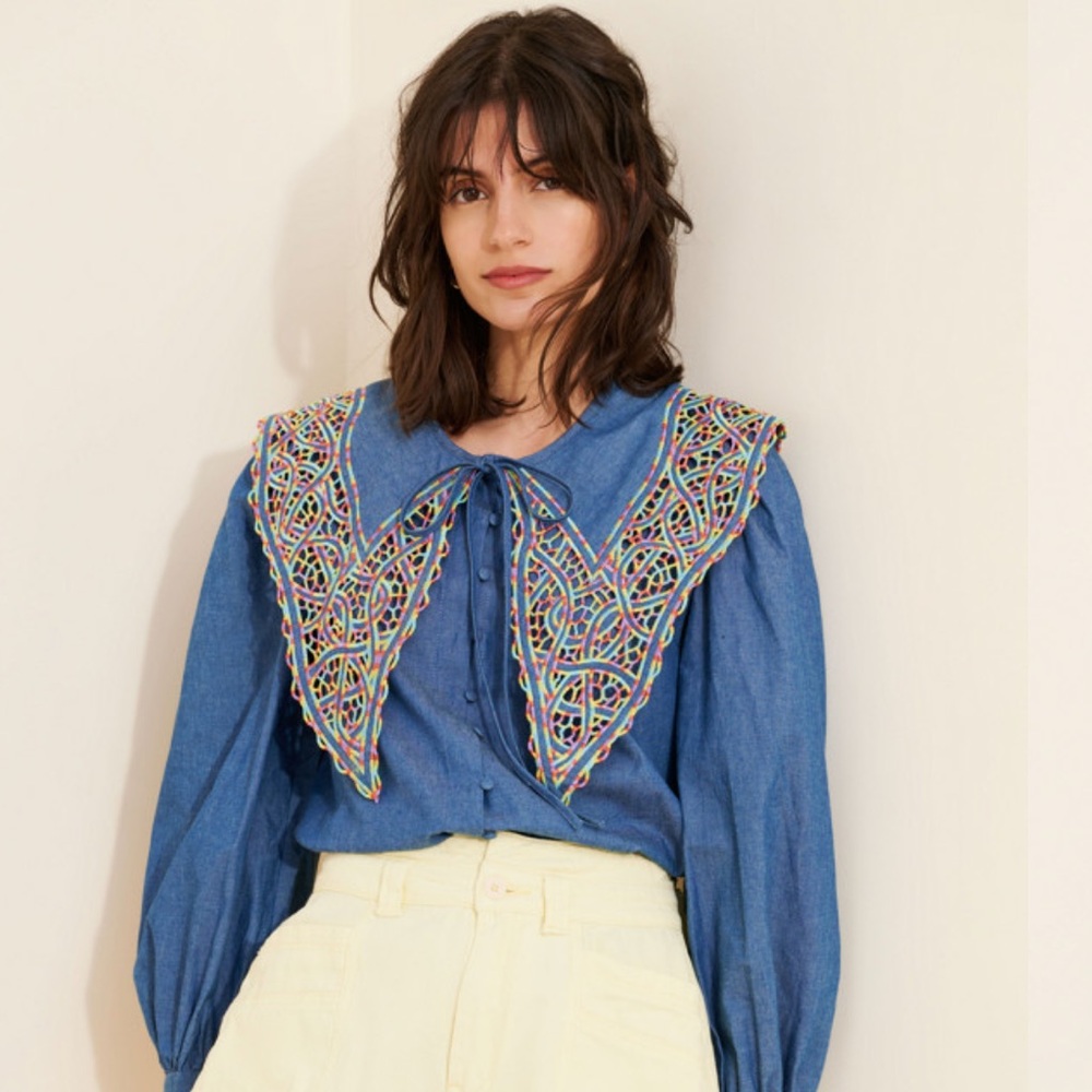 Celia B Blue Embroidered Collar Begonia Top